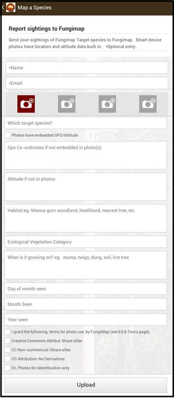 The  form  from FungiOzapp for reporting fungi finds to Fungimap 